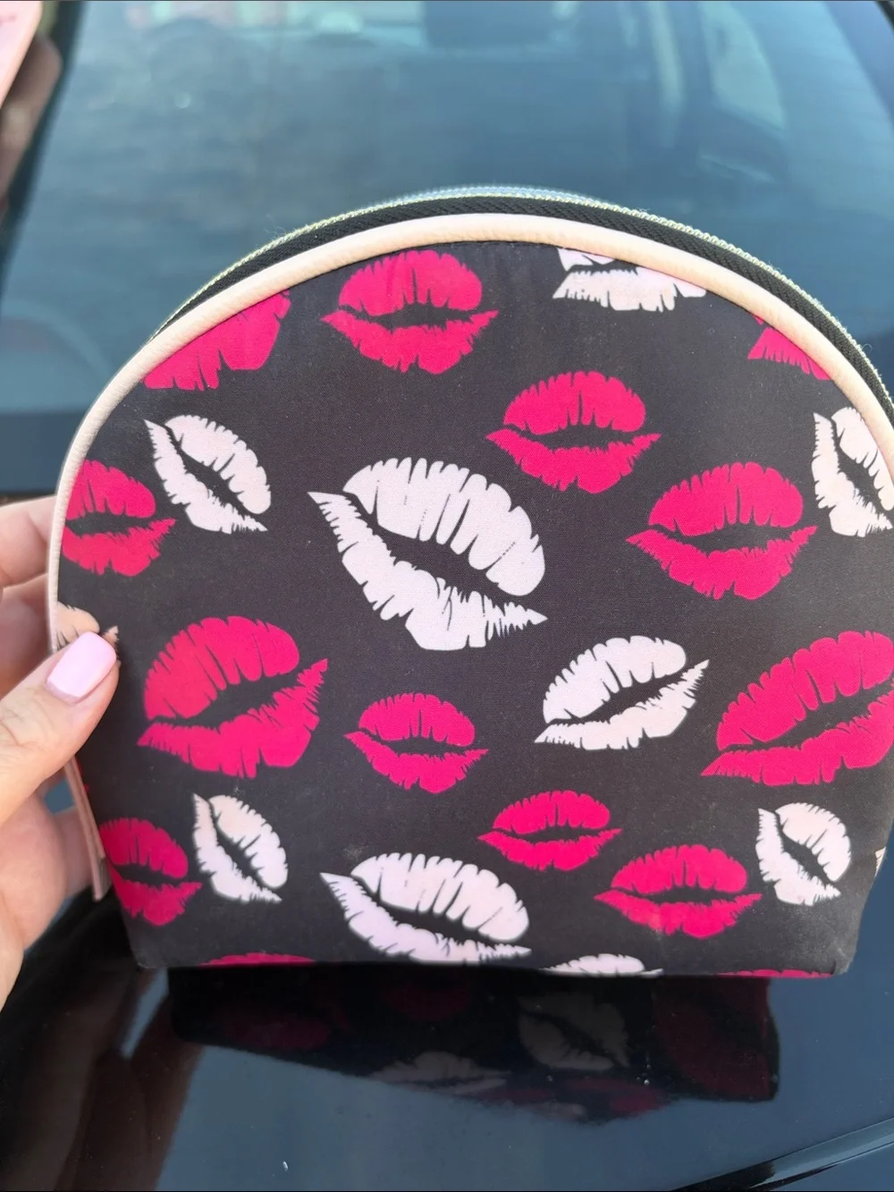 Black Lip-Print Round Cosmetic Bag with Pink & White Accents
